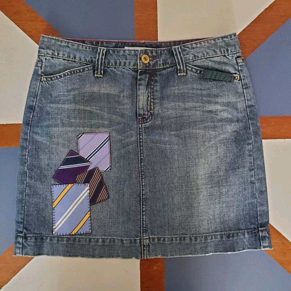 Tommy Hilfiger Denim Jean Skirt Medium‎ 30 Blue Patchwork Preppy Grunge Academia